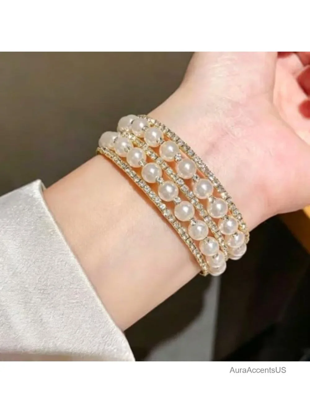 Gold Plated Rhinestone Pearl Cuff Bracelet Stretch Bangle for Women Bridal Party